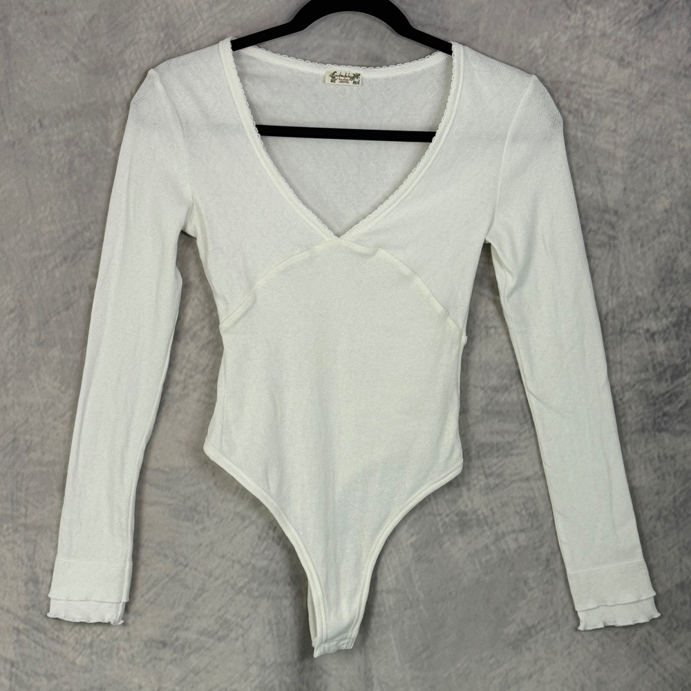 Free People White Long Sleeve Bodysuit Lace Trim Sz S coquette layering